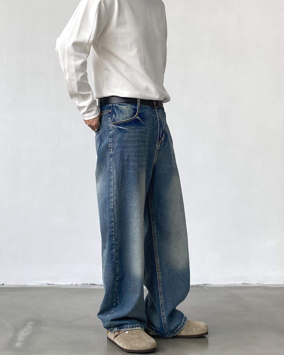 Men's Washed Wide-Leg Loose Denim Jeans