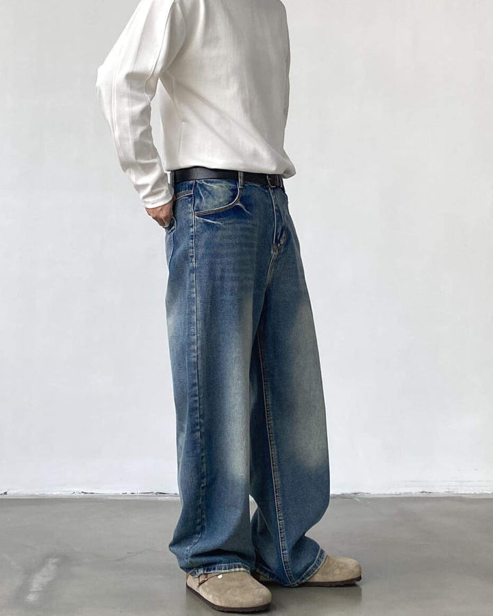 Men's Washed Wide-Leg Loose Denim Jeans