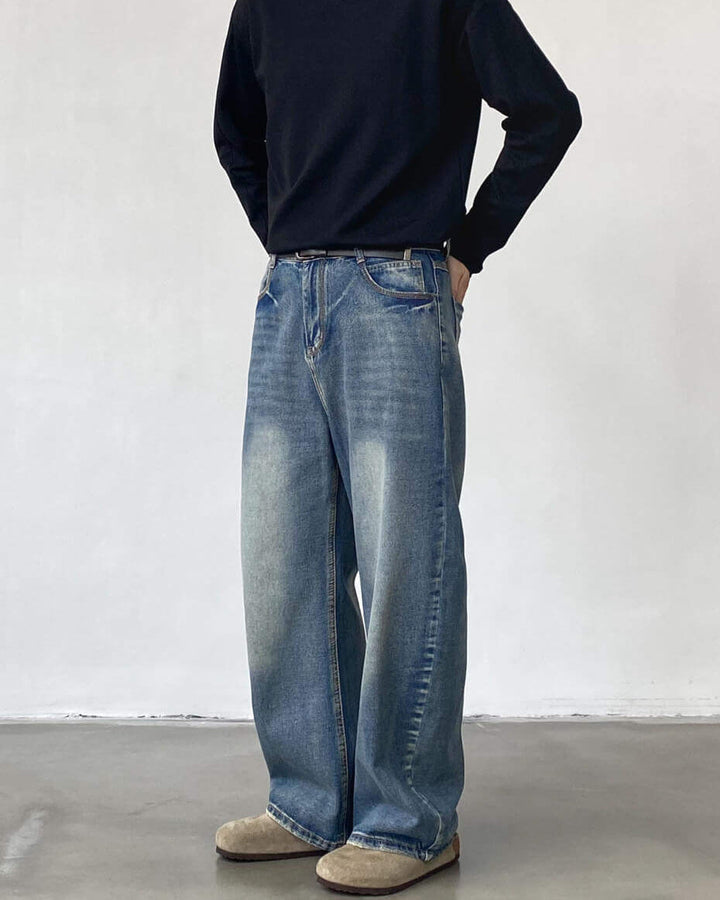 Men's Washed Wide-Leg Loose Denim Jeans