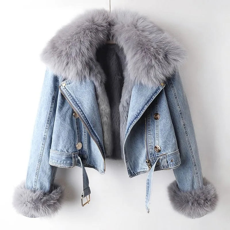 Giacca Biker in Jeans con Pelliccia Sintetica Celeste