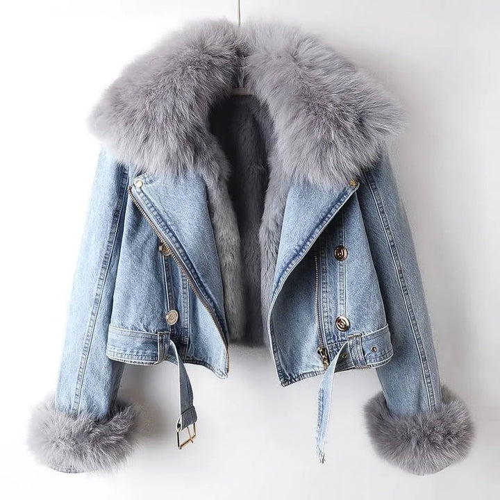 Giacca Biker in Jeans con Pelliccia Sintetica Celeste