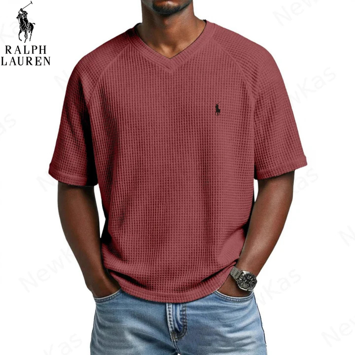 ᏒᎪᏞᏢᎻ ᏞᎪՍᏒЕΝ – T-shirt in Maglia Waffle con Collo a V