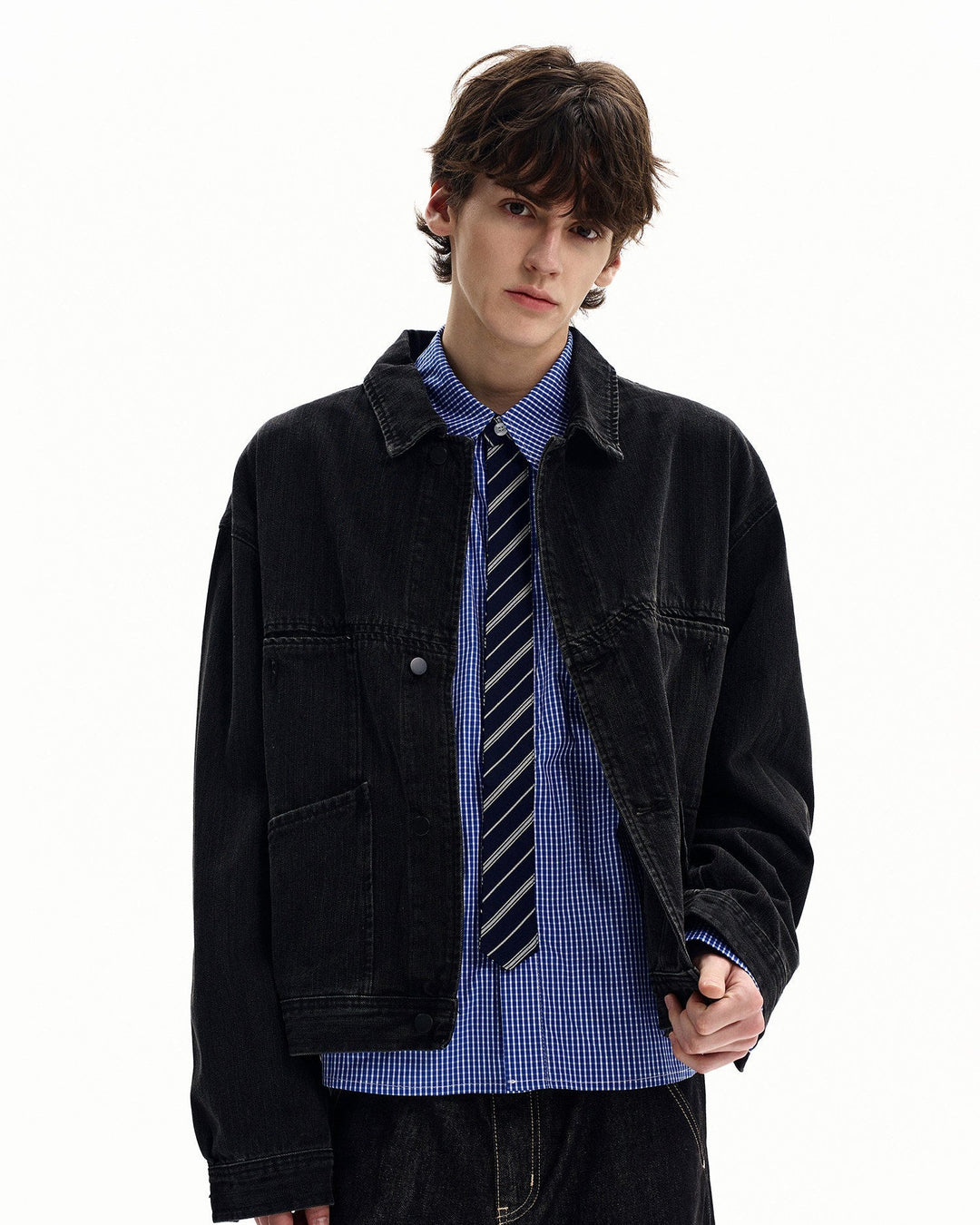 Men's Washed Black Denim Snap-Front Jacket