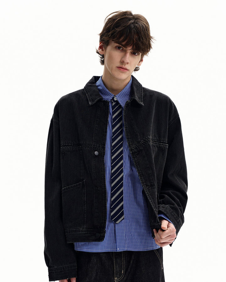 Men's Washed Black Denim Snap-Front Jacket