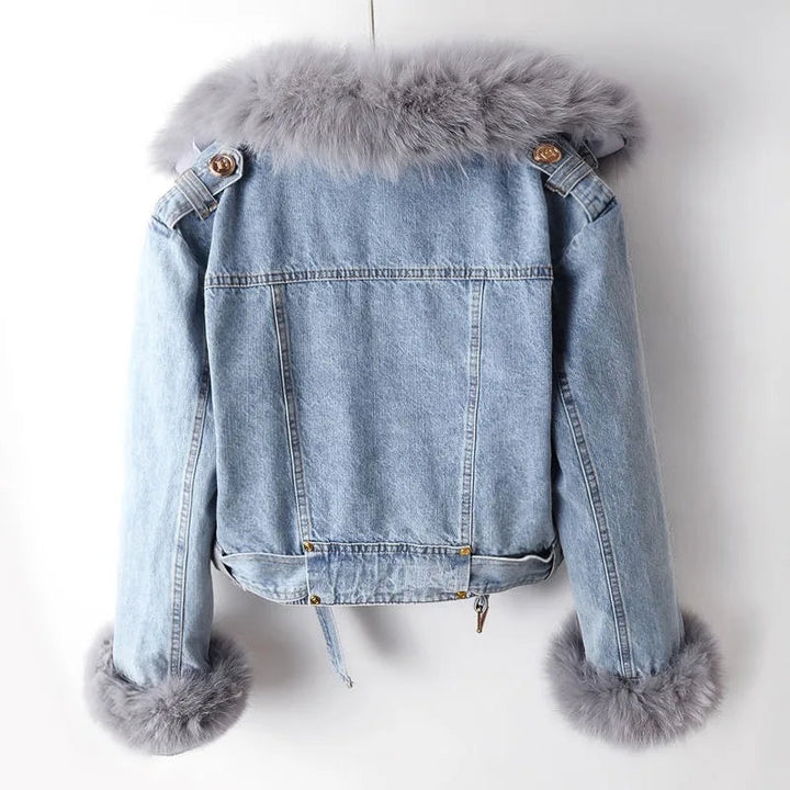 Giacca Biker in Jeans con Pelliccia Sintetica Celeste