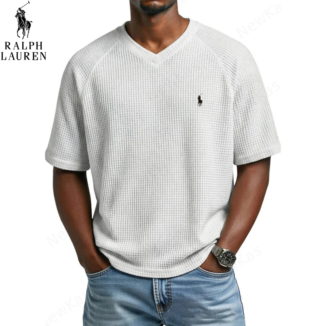 ᏒᎪᏞᏢᎻ ᏞᎪՍᏒЕΝ – T-shirt in Maglia Waffle con Collo a V
