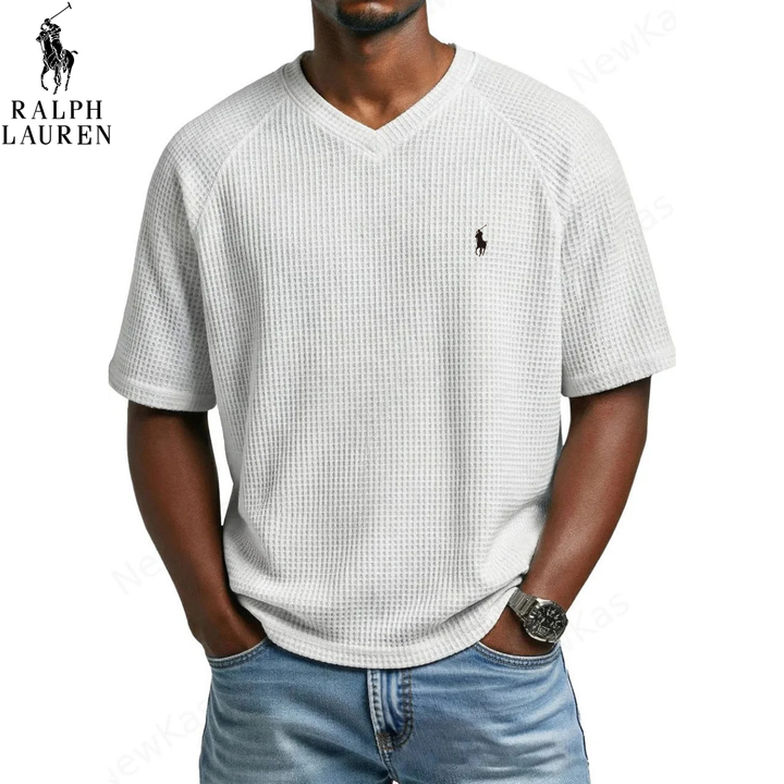 ᏒᎪᏞᏢᎻ ᏞᎪՍᏒЕΝ – T-shirt in Maglia Waffle con Collo a V