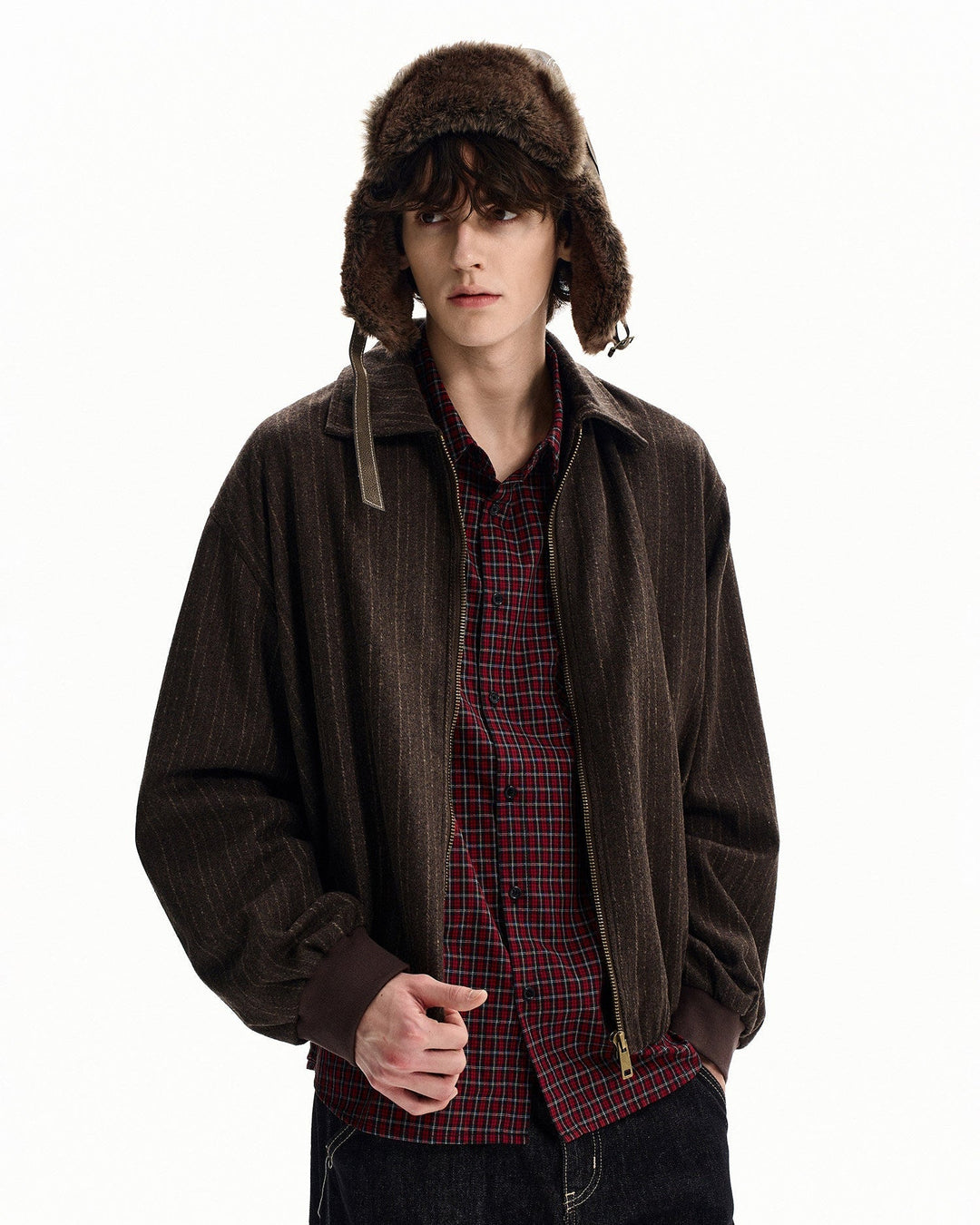 Wool Blend Pinstripe Zip Jacket