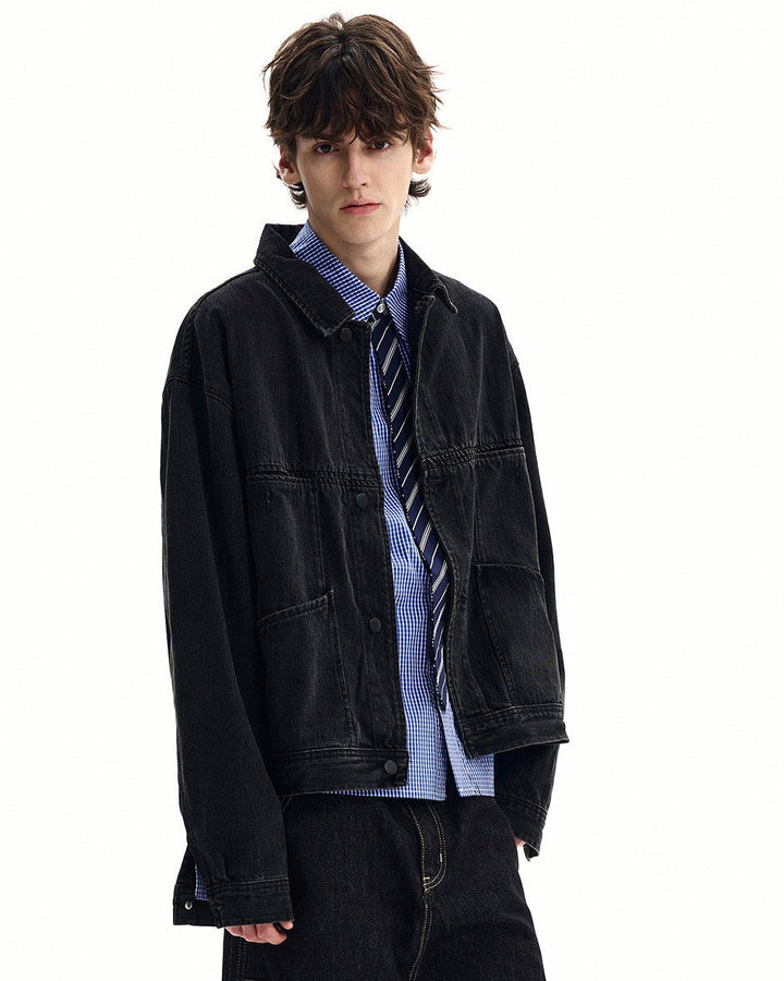 Men's Washed Black Denim Snap-Front Jacket