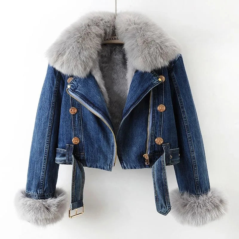 Giacca Biker in Jeans con Pelliccia Sintetica Celeste