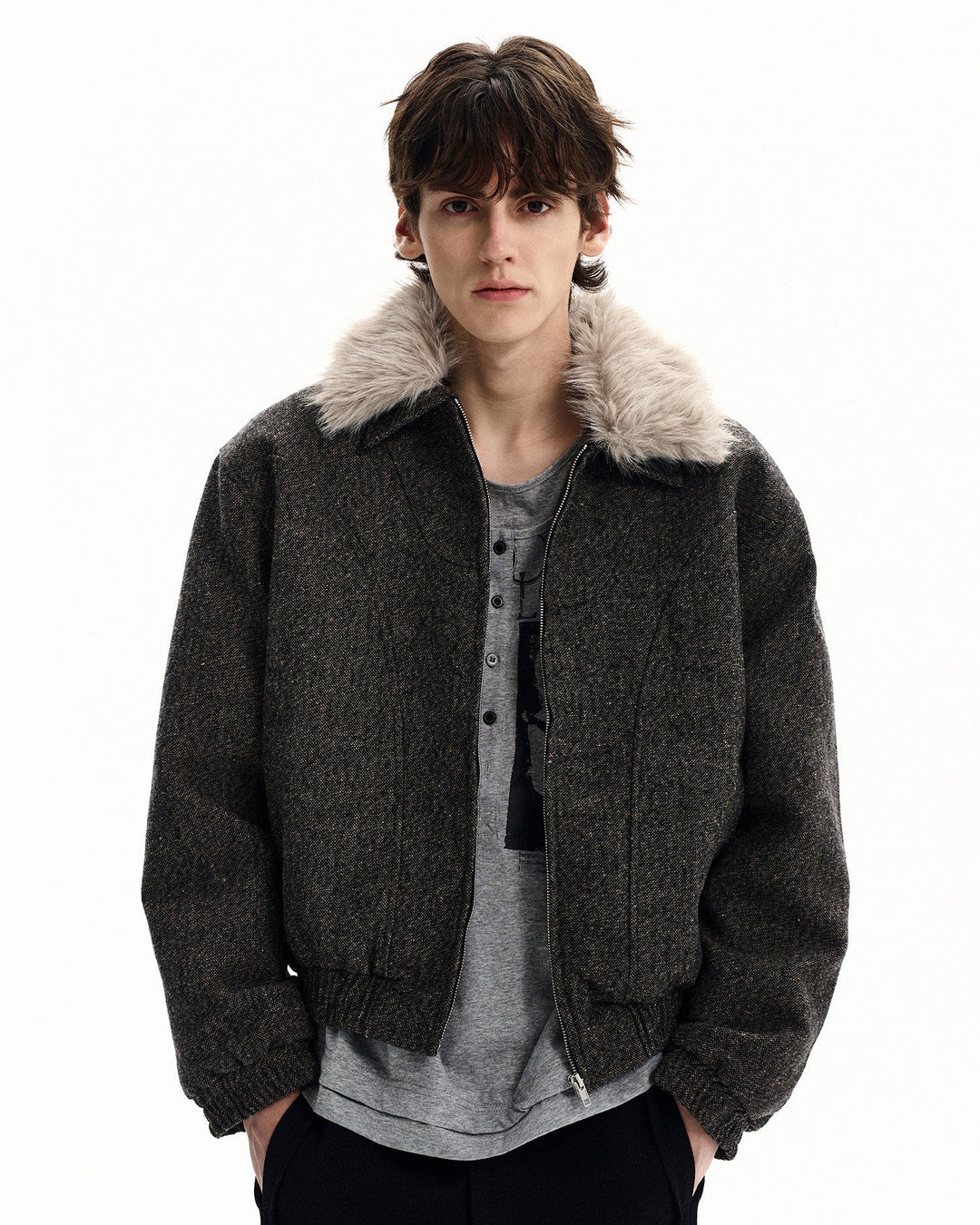 Wool-Blend Jacket with Faux Fur Collar