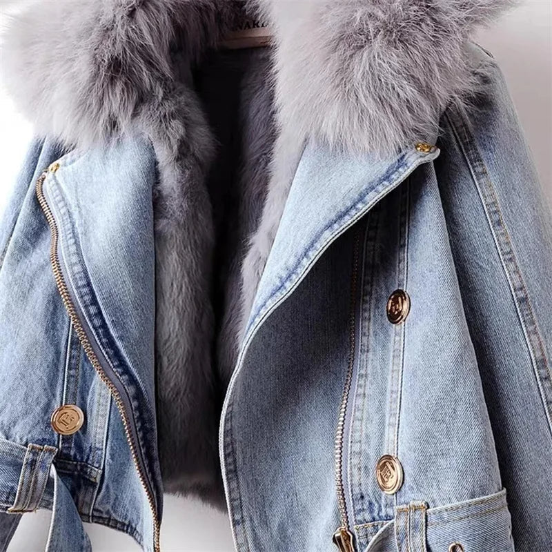 Giacca Biker in Jeans con Pelliccia Sintetica Celeste