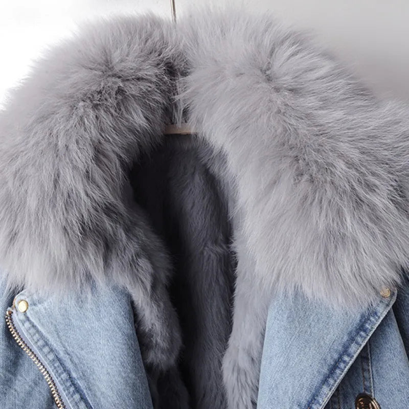 Giacca Biker in Jeans con Pelliccia Sintetica Celeste