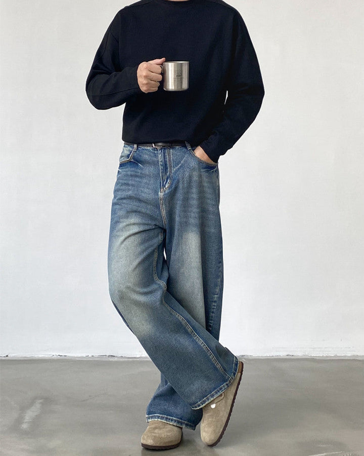 Men's Washed Wide-Leg Loose Denim Jeans