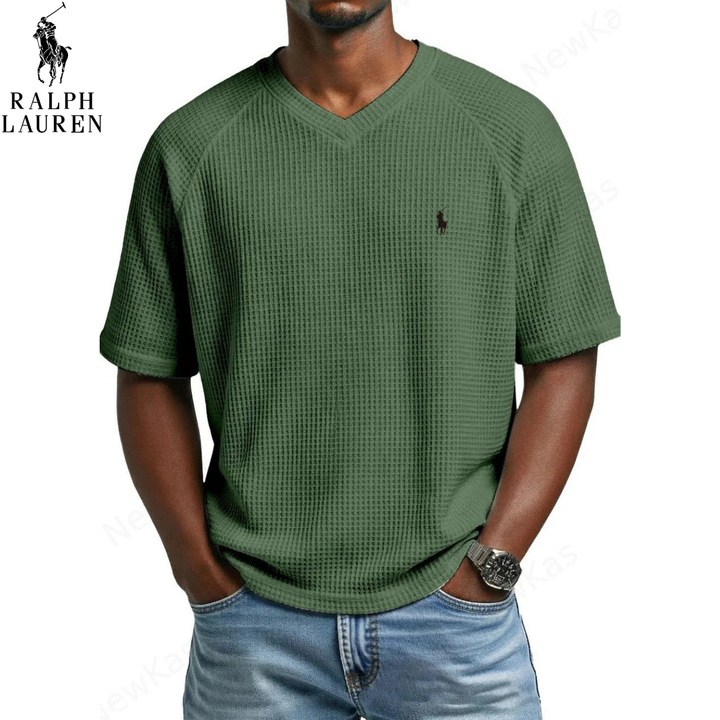 ᏒᎪᏞᏢᎻ ᏞᎪՍᏒЕΝ – T-shirt in Maglia Waffle con Collo a V