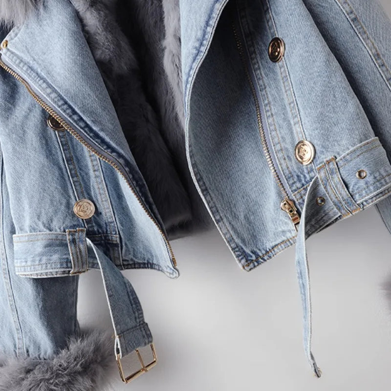 Giacca Biker in Jeans con Pelliccia Sintetica Celeste
