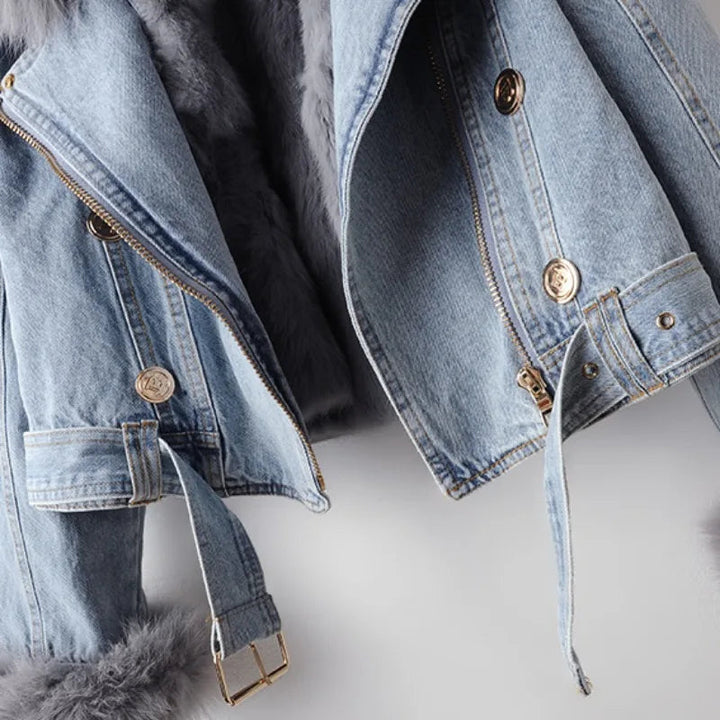 Giacca Biker in Jeans con Pelliccia Sintetica Celeste