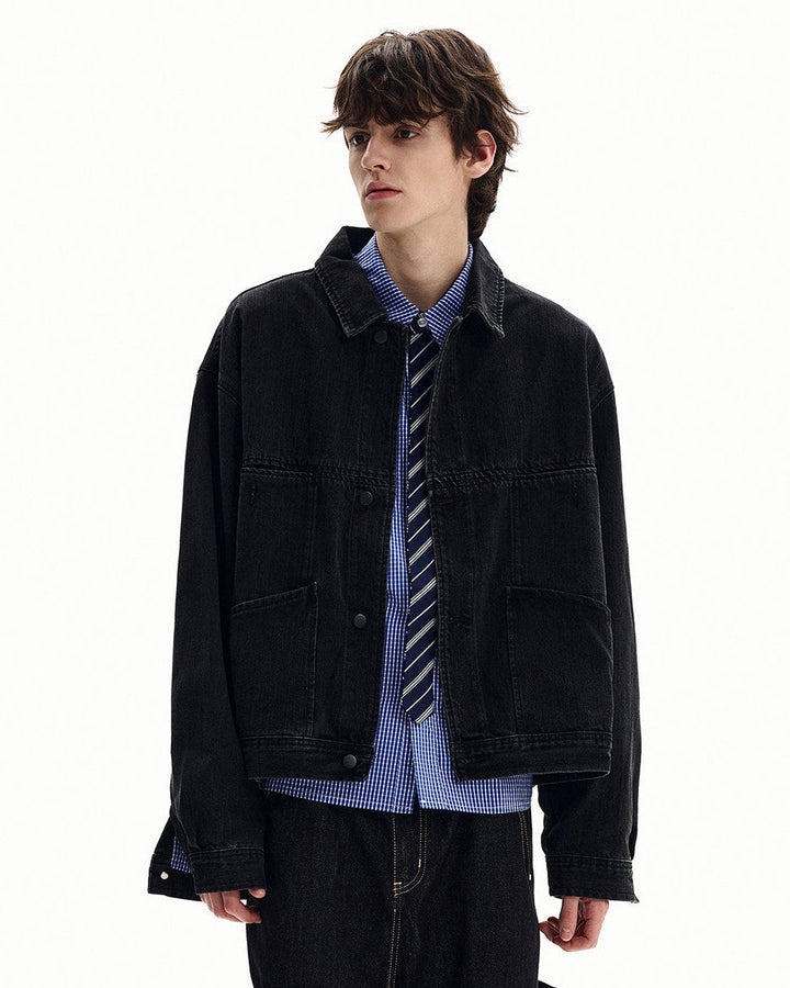 Men's Washed Black Denim Snap-Front Jacket