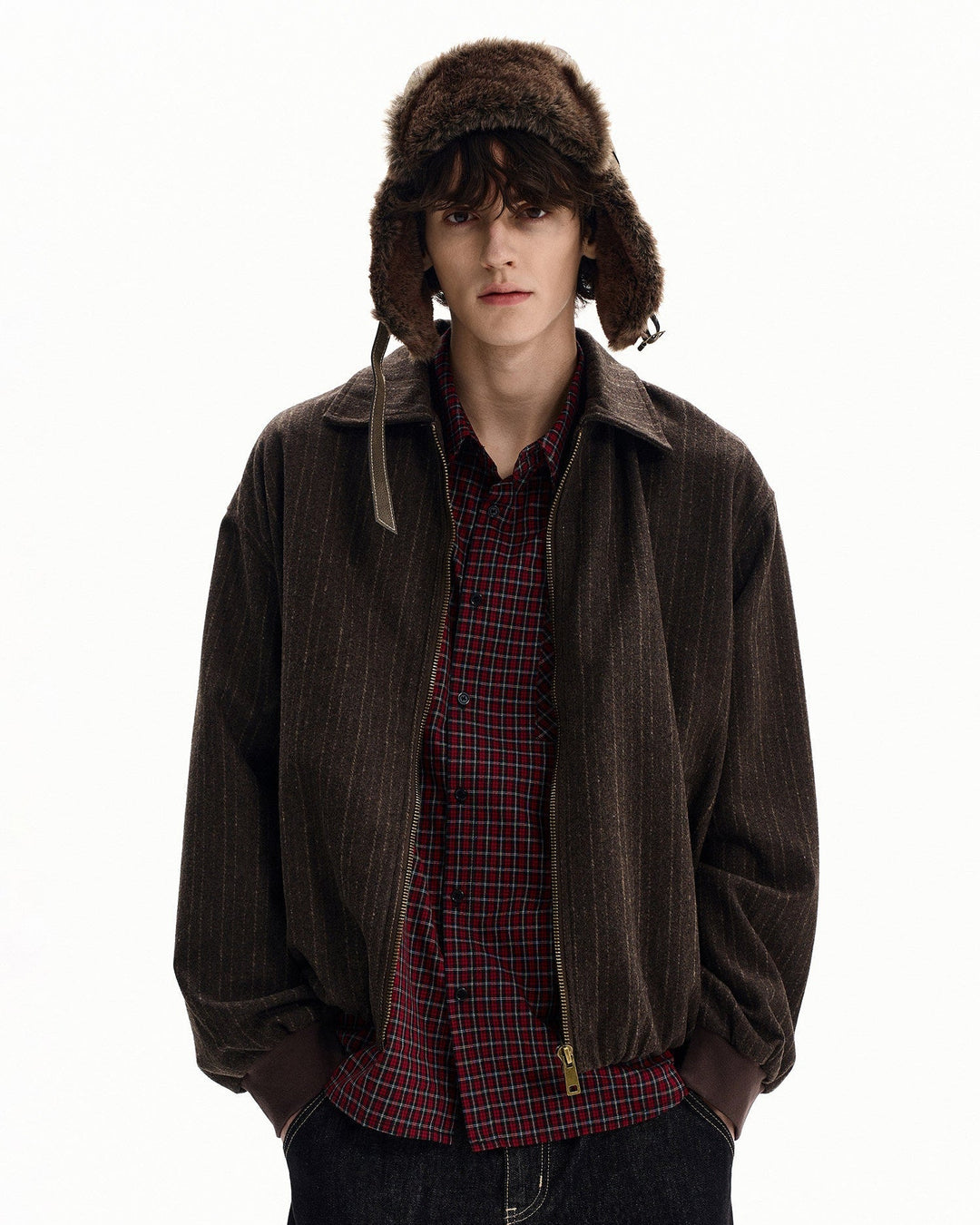 Wool Blend Pinstripe Zip Jacket