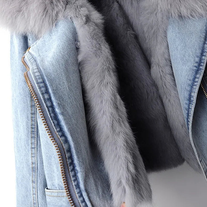 Giacca Biker in Jeans con Pelliccia Sintetica Celeste