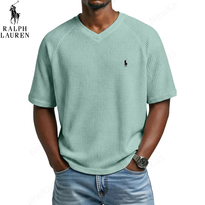 ᏒᎪᏞᏢᎻ ᏞᎪՍᏒЕΝ – T-shirt in Maglia Waffle con Collo a V