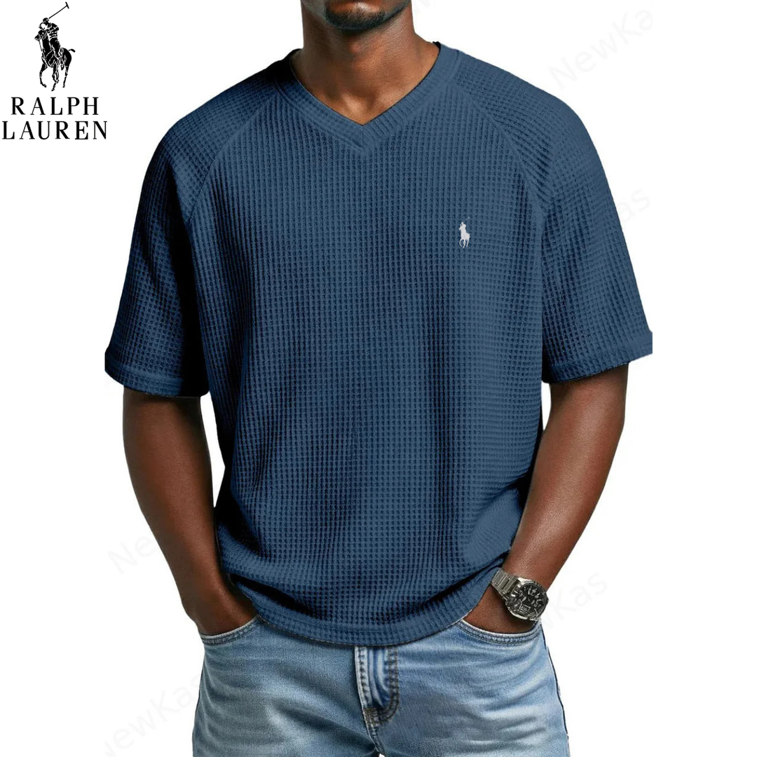 ᏒᎪᏞᏢᎻ ᏞᎪՍᏒЕΝ – T-shirt in Maglia Waffle con Collo a V