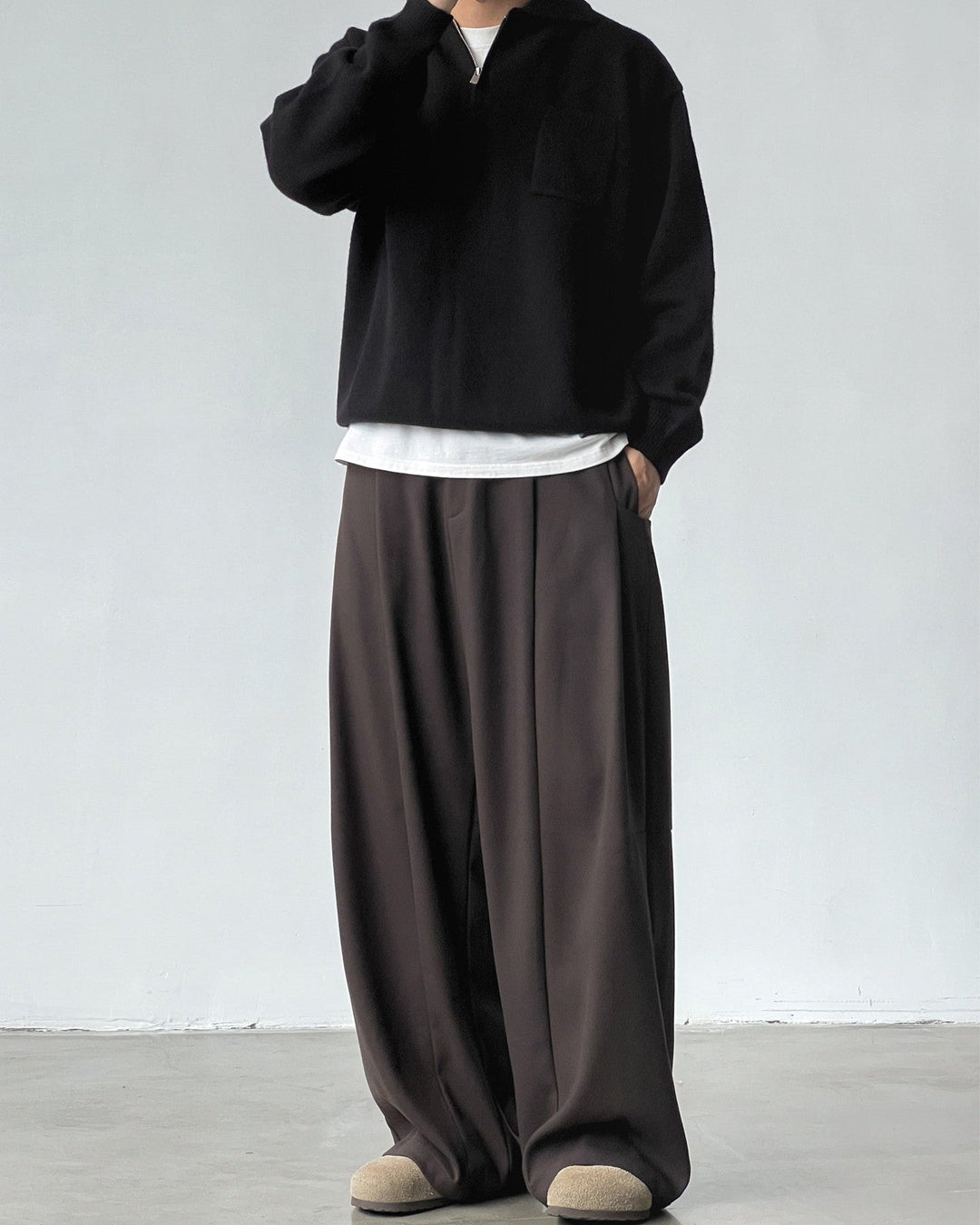 Wide Pleat Wool Blend Trousers