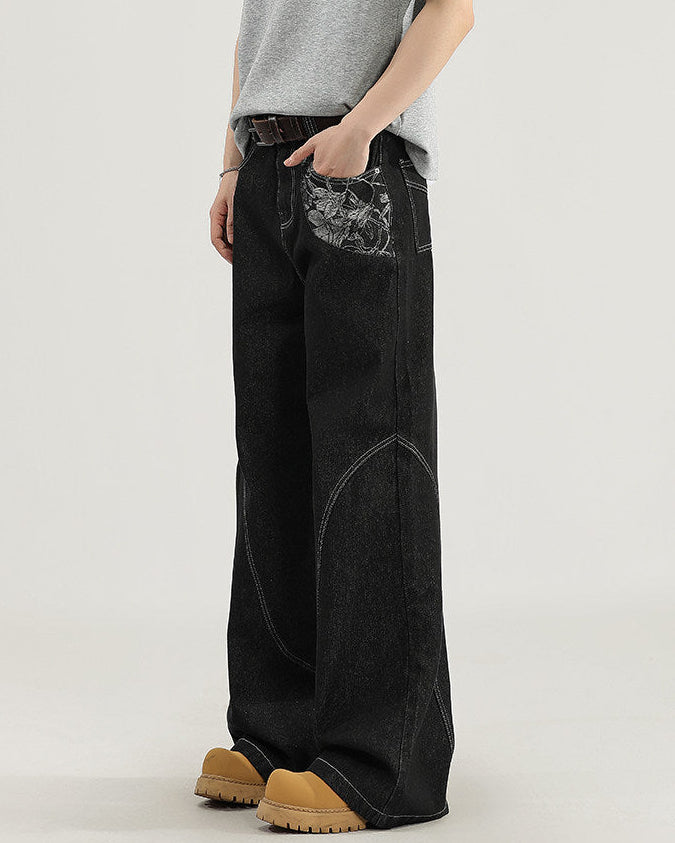 Wide-Legged Denim Jeans with Contrast Stitching