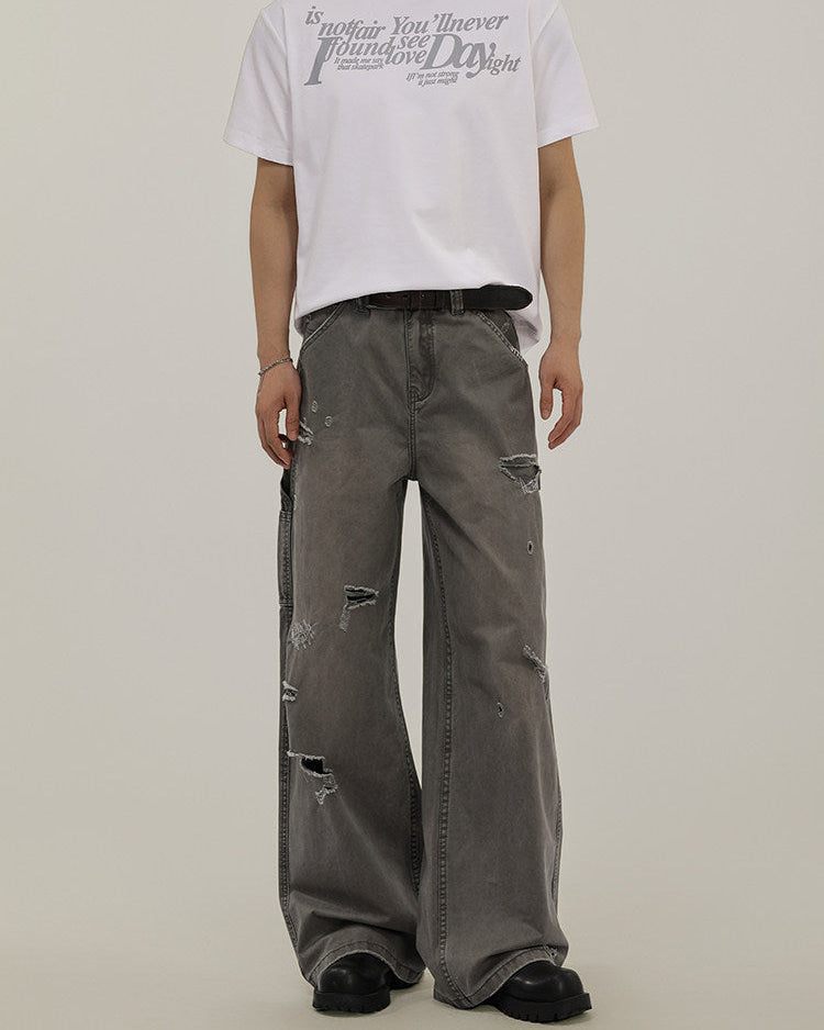 Men's Washed Denim Ripped Cargo Jeans