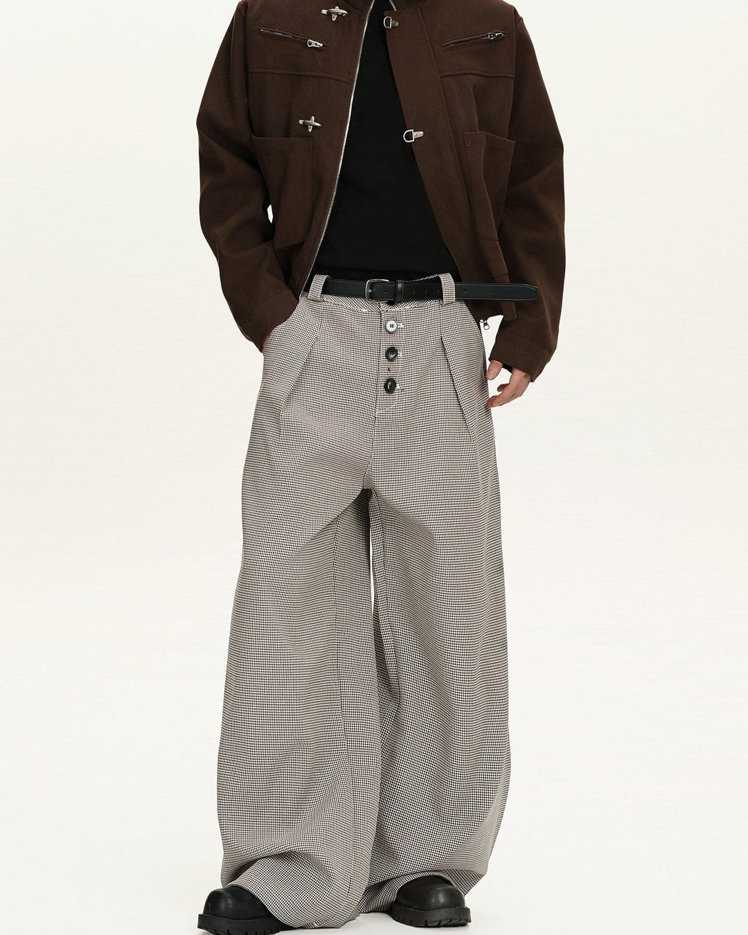Wide-Leg Wool Checkered Trousers