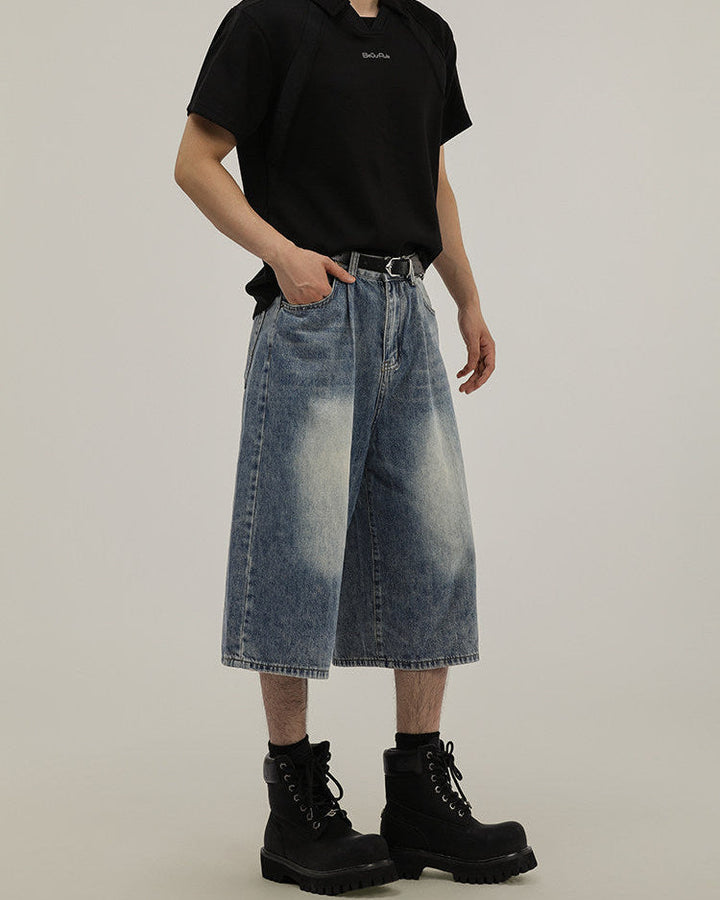 Men's Light Blue Wide-Leg Denim Shorts