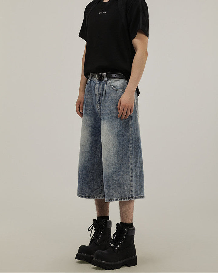 Men's Light Blue Wide-Leg Denim Shorts