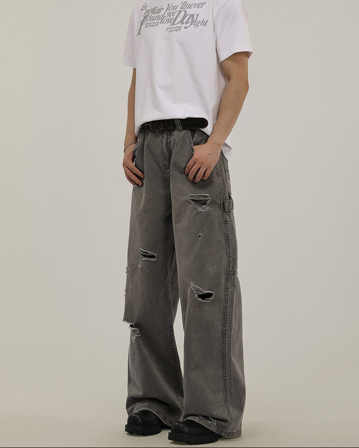 Men's Washed Denim Ripped Cargo Jeans