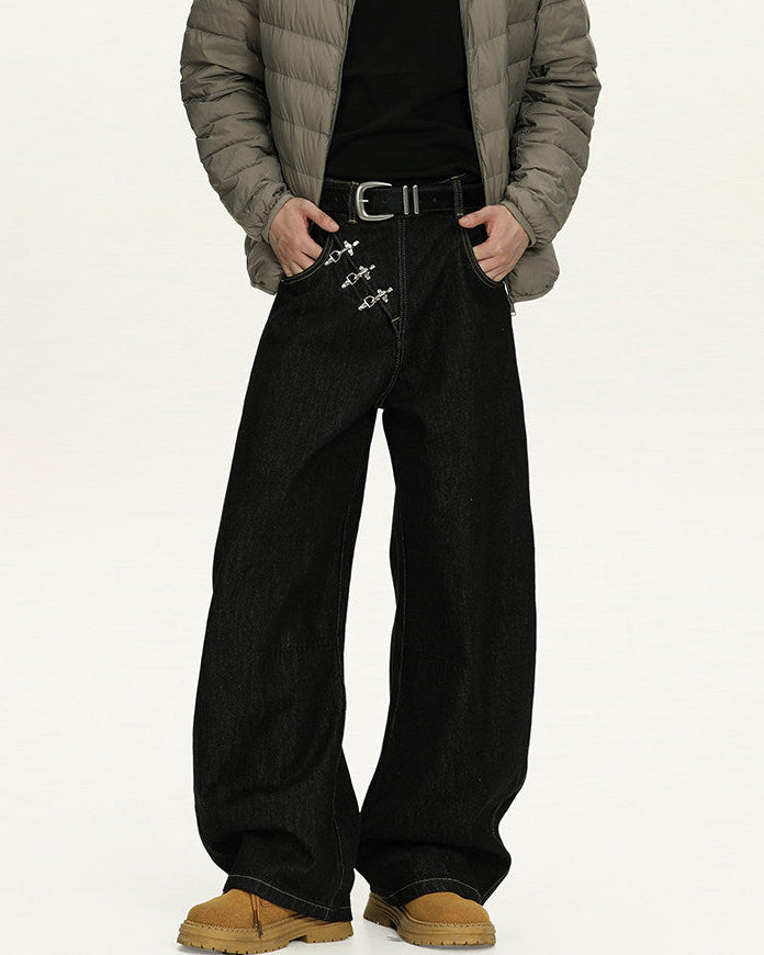 Men's Wide-Leg Black Stretch Denim Trousers