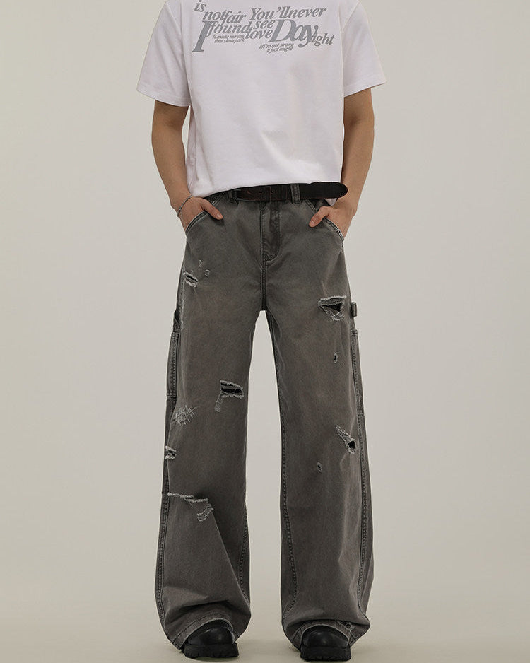 Men's Washed Denim Ripped Cargo Jeans