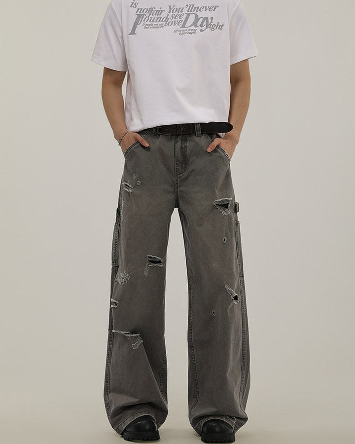 Men's Washed Denim Ripped Cargo Jeans