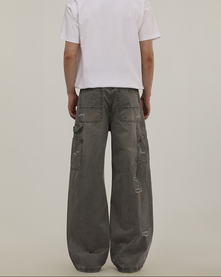 Men's Washed Denim Ripped Cargo Jeans