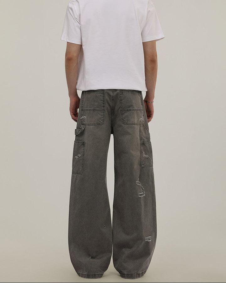Men's Washed Denim Ripped Cargo Jeans