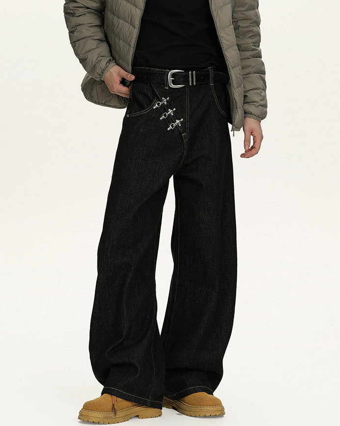 Men's Wide-Leg Black Stretch Denim Trousers