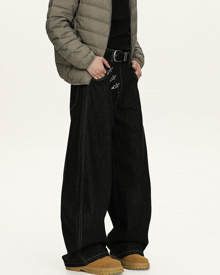 Men's Wide-Leg Black Stretch Denim Trousers
