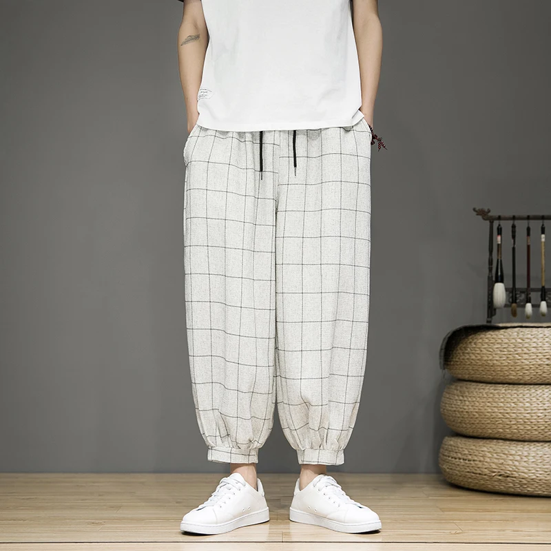 Pantaloni in lino Gridline