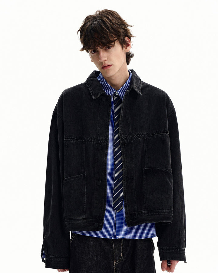Men's Washed Black Denim Snap-Front Jacket