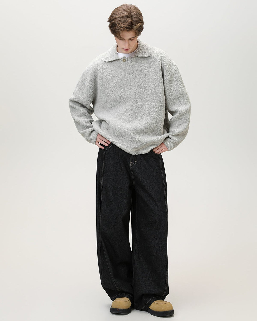 Wool Blend Knit One Button Oversized Henley Sweater