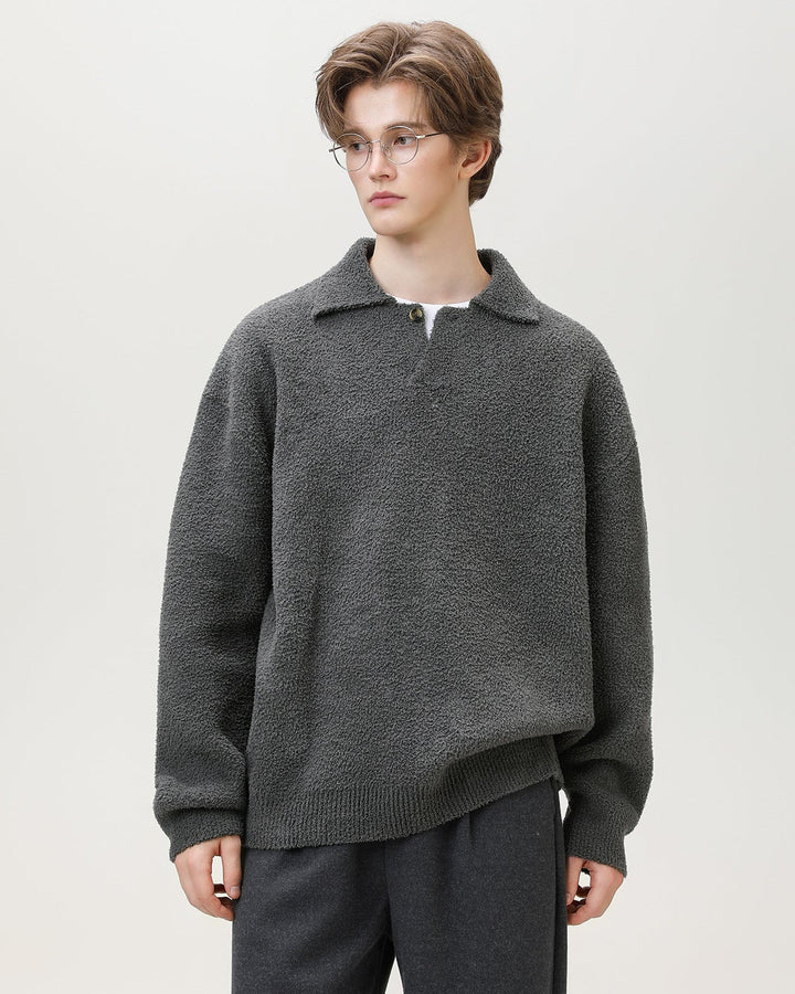 Wool Blend Knit One Button Oversized Henley Sweater