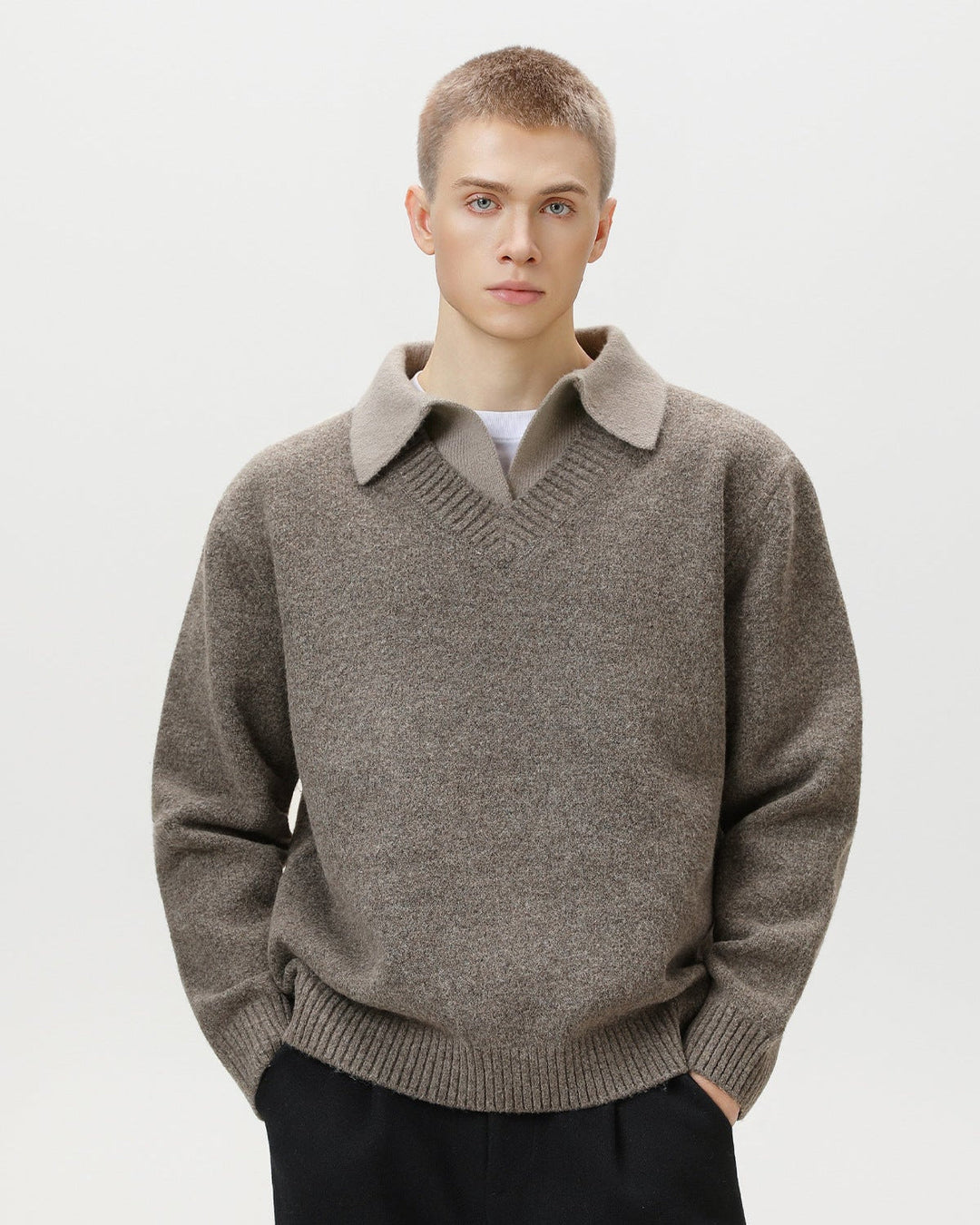 Wool Blend Collar V-Neck Knit Sweater