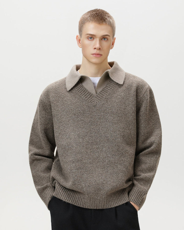 Wool Blend Collar V-Neck Knit Sweater